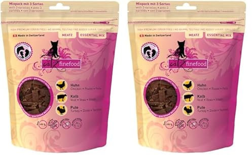 catz finefood Meatz Katzen Leckerlies Essential Mix - knusprige Streifen aus den beliebtesten Fleischsorten - Katzensnack für Allergiker ohne Zucker, getreidefrei (1 x 45 g) (Packung mit 2)
