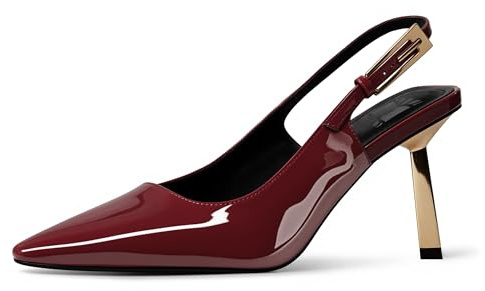 heelchic Slingback Heels for Women Kitten Heel Pointed Toe Heels Closed Toe Pumps Stiletto Dress Shoes Buckle, Wine Red, 7.5 UK