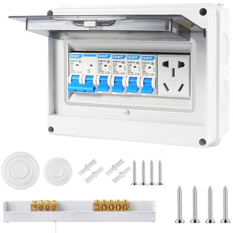 Scatola Elettrica da Esterno IP65, Quadro Elettrico Esterno, Catola di Distribuzione da Parete con 5 Vie Interruttore Dell'aria 63 A, 30 mA. RCD 4MCB, 2 x 6 A+10 A+20 A+32 per Garage, Roulotte