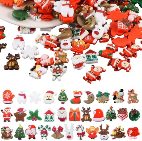 Tohrugue 80Pcs Miniature de Résine Père Noël,Figurine Noel Miniature Resine Père Noël,Sapin,Bonhomme,Hochet,Objet de noël pour Cadeau,Colis,Scrapbooking