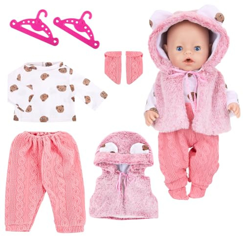 WanderGo Baby Doll Clothes for 35-43 cm Dolls, 6-Piece Outfit Including Vest + Top + Pants +1 Pair of Socks +2 Clothes Hangers, Little Bear Doll Clothes for 14-18 Inch Dolls (Doll Not Included)
