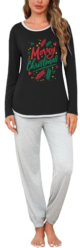 Crewhpo Pijama Mujer Invierno Algodón Conjunto de Pijamas Manga Larga Ropa de Dormir con Camiseta Cuello Redondo y Pantalones Largo 2 Piezas