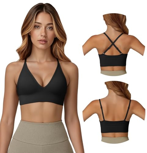 Fiohiros Deep V Sports Bras Women, Sports Bra with Adjustable Spaghetti Strap, Non Wired, Removable Pads, Stretchy Padded Sports Bra for Yoga, Running (UK, Alpha, L, Regular, Regular, Black)