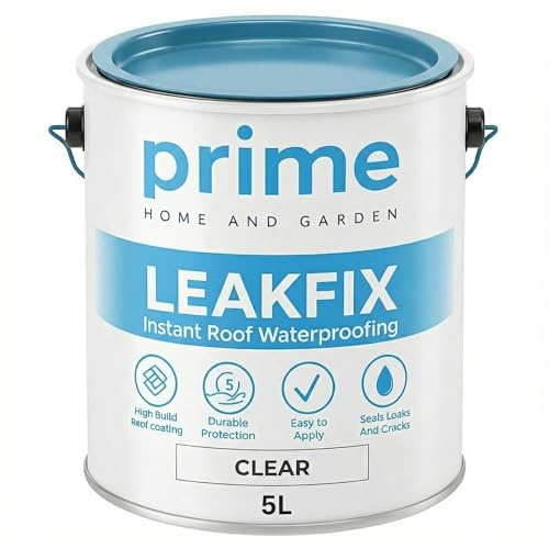 Prime Clear LeakFix Liquid Rubber Roof Paint - 5 Litres – Instant Waterproof Roof Coating for Leaks, Cracks, Roofing Repairs, Gutters, Drainpipes, Concrete, Brick & Metal