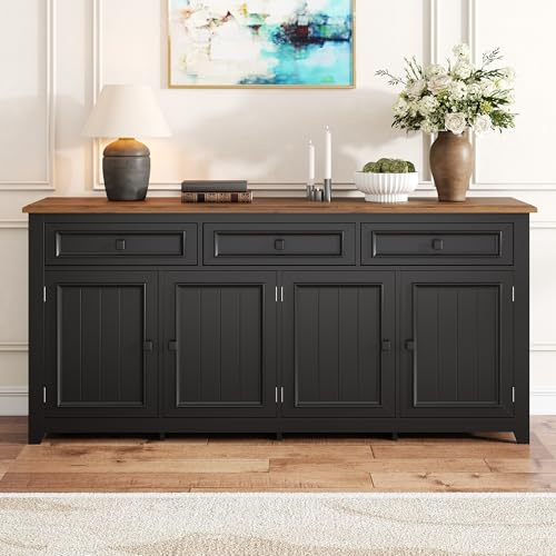 A ALFRESCOOL Credenza, cassettiera, armadio da cucina, scarpiera, buffet con 3 cassetti e 4 ante, per cucina, ESS e soggiorno, corridoio, 160 x 35 x 76 cm (nero)