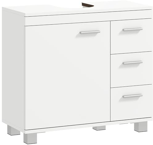 HOMCOM Mobile Sottolavabo per Bagno con Anta Ammortizzata e 3 Cassetti, Mobiletto Sottolavabo con Intaglio a U e Ripiani, Mobile Bagno Moderno e Salvaspazio, Adatto a Lavabi a Colonna o Senza, Bianco