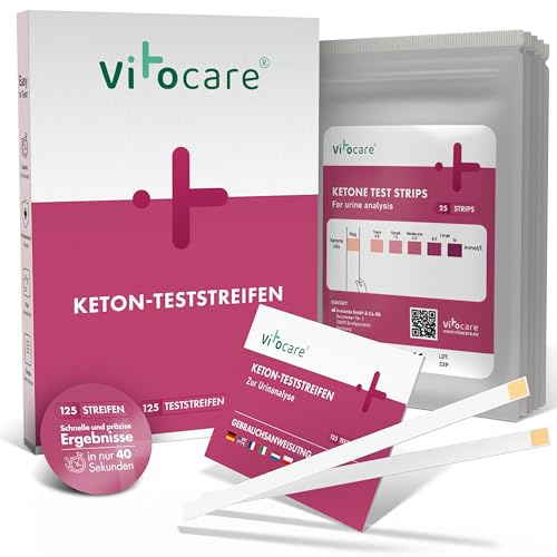 vitocare 25 o 125 tiras reactivas de cetosis con manual, tiras de orina para dieta keto, control de cetonas y apoyo para adelgazar con dieta low carb y cetogénica (125)