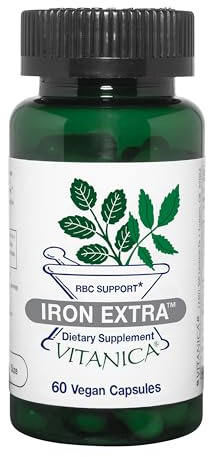 Vitanica Iron Extra, Iron Supplement Enhanced Absorption with Vitamin C 500mg, Methylfolate 400mcg, B12 Vitamin 500mcg, Calcium, Yellow Dock, Dandelion Root & Nettle Leaf Extract, Vegan, 60 Capsules