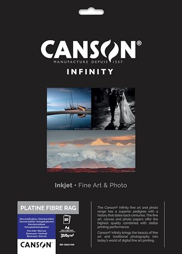CANSON Infinity Platine Fiber Rag Ultra Smooth Glossy 310 gsm A4-papper, digitala mörkrumspapper, 10 rena vita ark, perfekt för professionella fotografer