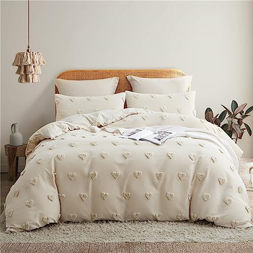 Tospass Housse de Couette Tuftée 140x200cm 1 Personne Adulte Rayée Broderie Beige Parure de Lit Bohème Style Linge de lit Amour Réversible avec Fermeture Éclair avec 1 Taies d'oreiller 65x65 cm