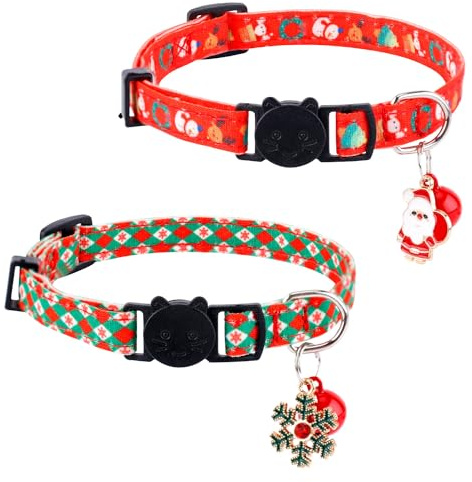 NQEUEPN Collier de Chat de Noël, 2 Collier de Chat avec Cloches, Pendentif père Noël et Flocon de Neige Détachable, Réglable pour Chats de Petite Taille, Rouge et Vert