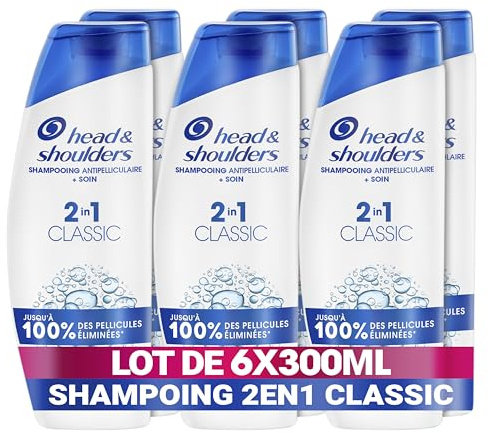 Head & Shoulders Classic 2 en 1 Shampoing Antipelliculaire 6x300ml; Jusqu'à 100% des Pellicules Éliminées, Cliniquement Prouvé; Tous Types de Cheveux; Usage Quotidien; Rafraîchissant