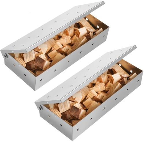 Ziopetru Paquete de 2 cajas para ahumar de acero inoxidable, para uso con astillas de madera para añadir sabor ahumado a parrillas de gas o carbón