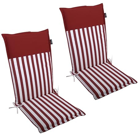 LILENO HOME Gartenstuhl Auflagen als [2er Set - Hochlehner] in Streifen Rot - Uni Rot - Bequeme Liegen als Sitzauflagen für Gartenmöbel - Stuhlkissen für Gartenstühle Malt