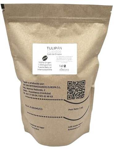 CAFE SIN INTERMEDIARIOS - Tulipan - Café Etiopía En Grano Para Superautomática 1Kg - Tostado Semanal - Envasado y molinado al envío - Intensidad de sabor alta - Ideal para Café Solo
