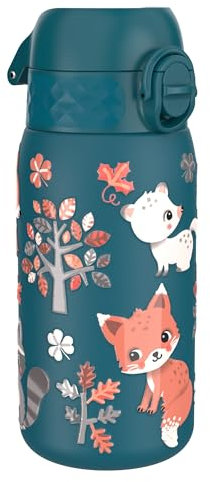 ION8 Kinder Trinkflasche, Edelstahl Leicht 400ml, Nicht Isoliert, Auslaufsicher, Einhandöffnung, Sichere Verriegelung, Spülmaschinenfest, Klappdeckel, Tragegriff, Leicht zu Reinigen, Waldtiere,