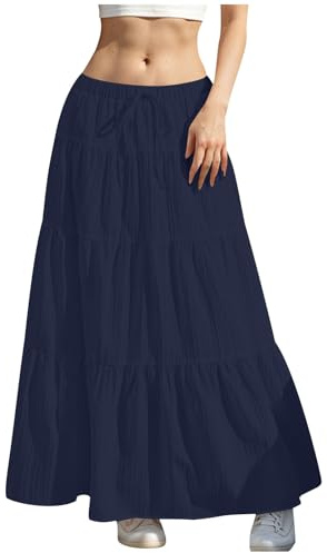 Women's Skirts Long Skirt High Waist Maxi Skirts Plus Size Ladies Elegant Casual Tired Swing Knee Length A Line Skirt Navy