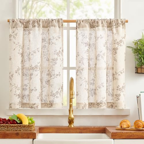 TOPICK Taupe Floral Kitchen Curtain 2 PCS, Linen Look Cafe Curtains W26xL36 | 36 Inch Drop Light Filtering Short Curtain Tiers for Bathroom, Sink, Cupboard Base, Sink, Small Window, Bedroom, Rod Pocket