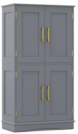 COSTWAY Bathroom Floor Cabinet, 110cm Freestanding Storage Cupboard with 4 Doors and 2 Adjustable Shelves, Wooden Bathroom Unit Side Cabinet Sideboard for Living Room Hallway Kitchen (Grey)