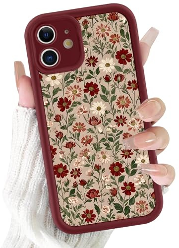 Xylota Coque pour iPhone 12 6,1, Aesthetic Fleurs Motif Étui Filles Femmes Case, Mince Silicone Souple TPU Bumper Housse Antichoc Protection Case Cover pour iPhone 12, Rouge