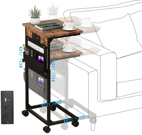 DENYKO Adjustable Height Couch Table with USB-C Charging Station & Pocket Storage – Compact Couch Stand with Hooks & Wheels for Small Spaces & Living Room, Adjustable C Table (Rustic Brown)