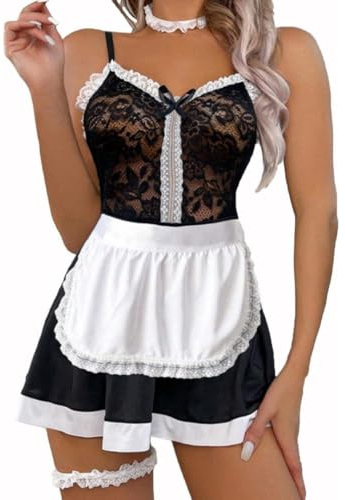 Lingerie sexy pour femme - Costume de cosplay - Dentelle transparente - Babydoll - Tenue uniforme pour femme - Jeu de rôle - Robe - Nuisette - Sous-vêtements pour fête d'Halloween