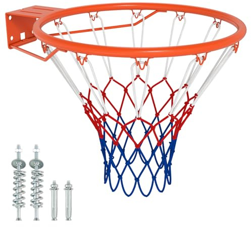 GYMAX Wall Mounted Basketball Hoop, Indoor Outdoor Basketball Rim Replacement with Net, Double Spring and Fixtures, Heavy-Duty Professorial Basketball Ring Goal for Kids Adults (Orange, PE Net)