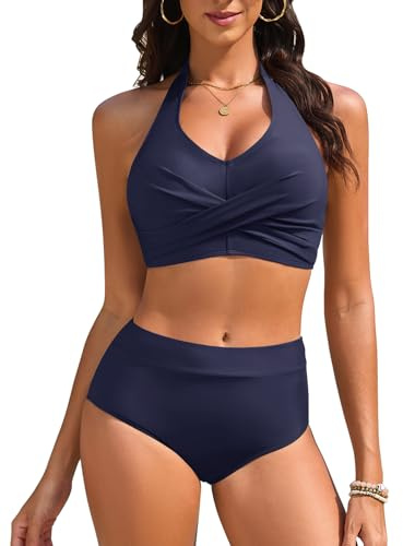 Vijamiy Costumi da Bagno Donna Due Pezzi Vita Alta Controllo Addominale Sexy Bikini Set con Scollo a V Push Up Bikinis Cinghie Regolabili Swimsuit Piscina Spiaggia(Blu Marino,XXL)