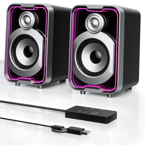 SOULION C40 Enceintes PC pour Gamer, Haut Parleur Bluetooth pour Écran, Ordinateur Bureau, Portable, Entrée USB C, éclairage LED Coloré, 1 Paire