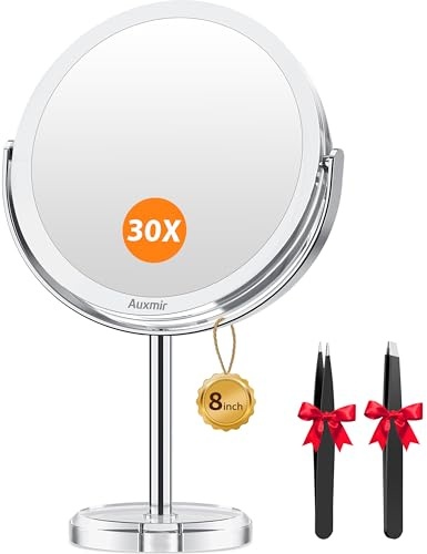 Auxmir Espejo Maquillaje con Aumento 1X/30X Doble Cara de Mesa Baño, Giratorio 360°para Afeitado Depilación Cejas Sobremesa Impermeable, Φ20cm