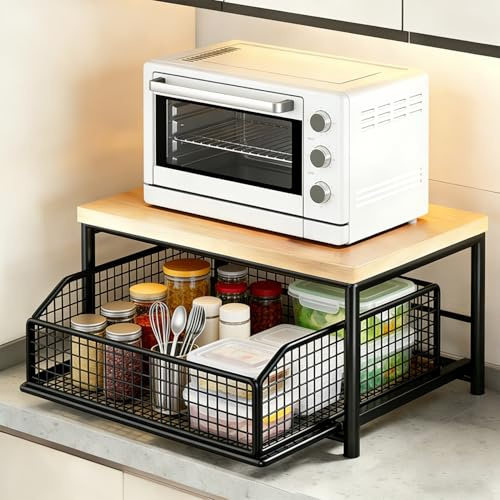 Carrello Per Microonde Cucina Piccola Mensola Supporto Con Cassetto Cestino Inferiore Senza Ruote Armadio Per Soggiorno Ufficio Camera Da Letto(Black)