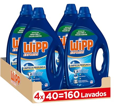Wipp Express Limpieza Profunda Gel (40x4) detergente líquido con potente acción quitamanchas ropa, deja un frescor higiénico en la lavadora, apto para agua fría