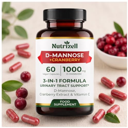 Nutrizell D-Mannose 1000mg with Cranberry Extract & Vitamin C | 60 Vegan Capsules – Urinary Tract & Bladder Support Supplement for Women & Men – 1 Month Supply