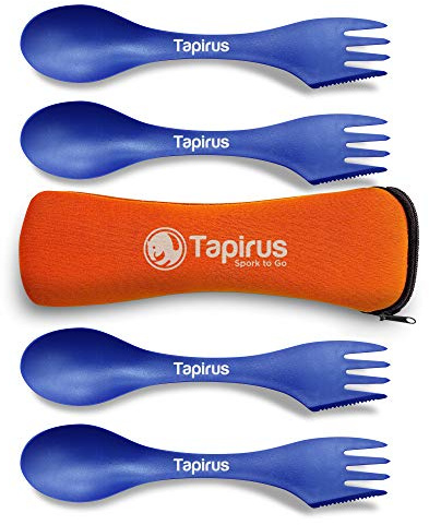 Tapirus - 4 Blue Spork to Go Set - 7-inch Durable & BPA Free Sporks - Spoon, Fork and Knife Combo Utensils Flatware - Mess Kit for Camping, Hunting and Outdoor Activities - Comes in a Carrying Case