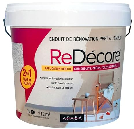 Enduit décoratif, rénovation rapide, 2 en 1, lisse et décore sur plâtre, peintures, crépis, fibres, toile de verre 15 Kg Blanc