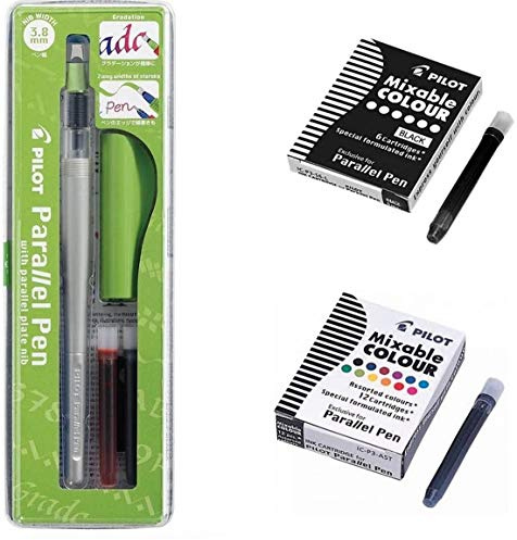 Parallel Pen Pilot Set Penna stilografica calligrafia, 12 cartucce Colori assortiti + 6 cartucce colore nere, ecriture 3,8 mm