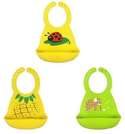 Waterproof Baby Silicone Bibs, Treer Soft Adjustable Roll up Feeding Bibs Drool Bibs Wipe Clean with Food Catcher Pocket for Infants Toddlers (3pcs,Colour D)