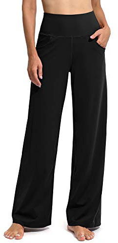 Promover Activewear-Hosen für Damen mit Taschen Jogginghose Hohe Taille Yogahose Weites Bein Straighthose Bauchkontrolle Schlaghose Arbeit Sporthose(Schwarz,XXL,Regular)