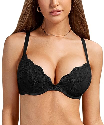 DOBREVA Reggiseno Donna Push Up in Pizzo con Ferretto Imbottito Plunge a Coppe Modellate Nero 6D