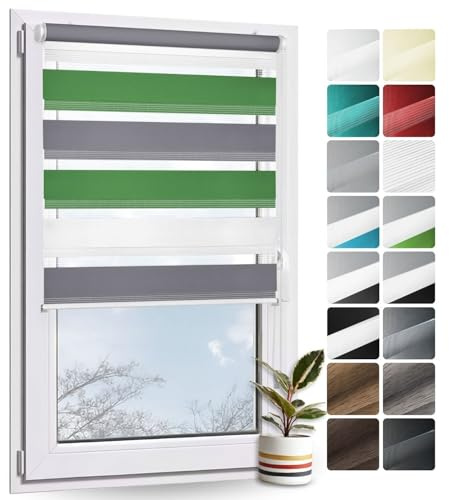 Rollmayer Doppelrollo Klemmfix ohne Bohren Klemmrollo Fensterrollo (Weiß Grau Grün - 50 x 150 cm - BxH) Duo Rollo Sonnenschutzrollo Zebrarollo Seitenzugrollo für Fenster und Tür