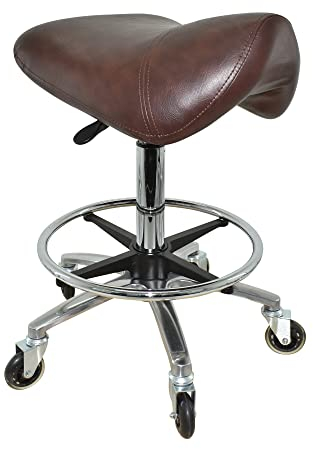 VAKON SALON - Premium Sattelhocker Braun, Sattelstuhl für Rückenentlastung, Rollhocker höhenverstellbar von 55-75 cm mit Fußring, Drehhocker, Praxishocker, Bürohocker, Arbeitshocker