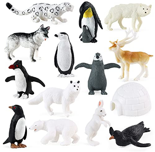 RCOMG Arctic Animals Figures, 14pcs Mini Polar Animal Figurines, Plastic Arctic Animal Toys Set with Arctic Fox Wolf Reindeer Penguins Toys