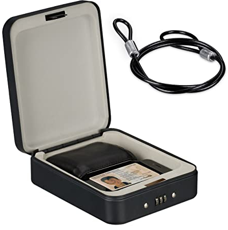 Relaxdays Sicherheitsbox mit Zahlenschloss, tragbar, mit Sicherungskabel, Autosafe, Stahl, HxBxT: 6x16x20 cm, Schwarz, Beige