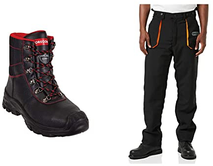 Oregon Sarawak Klasse 1 Kettensägen-Schnittschutzstiefel aus Leder, Stahlkappen, Größe 43 & Yukon Kettensägen-Schnittschutzhose, Typ A Klasse 1, Größe M (EU 46-48) (295435/M)