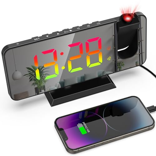 Petilleur Projection Alarm Clock for Bedroom Ceiling 180° Rotatable Projector 7.4” RGB Mirror LED Digital Display Dual Alarm with 5-Level Brightness Dimmer 12/24H Format (Black)