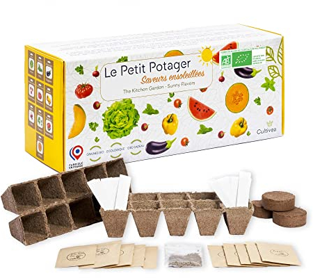 CULTIVEA® Le Kit Petit Potager - Kit de 10 graines de semis ensoleillés - Pots à semis - Graines bio - Jardinez et dégustez - Idée cadeau (herbes aromatiques, tomates, légumes, pastèque, melon)