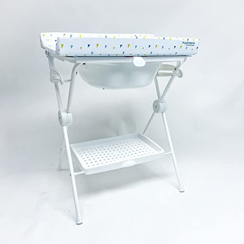 PLASTIMYR Bañera Cambiador Bebe Plegable LEA - Cambiador con Bandeja Organizadora y Patas Antideslizantes – Bañera Plegable Bebé Viaje Seguro y Compacto - Amarillo - 85x63x96cm