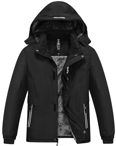 MoFiz Veste de Ski Garçon Hiver Chaud Manteau de Neige Imperméable de Montagne en Polaire Coupe-Vent Enfants Blouson avec Capuche Amovible Noir S(8-9 ans)