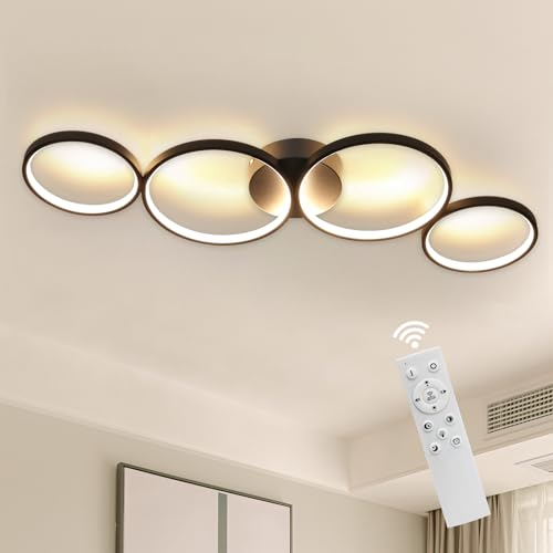 GBLY LED Deckenlampe Wohnzimmer Deckenleuchte: 88cm Dimmbar Wohnzimmerlampe 4 Ringe Modern Schwarz Schlafzimmerlampe 55W mit Fernbedienung Design Bürolampe für Schlafzimmer Büro Küche