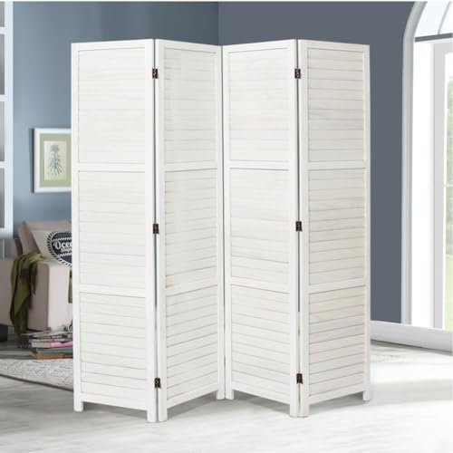 INMOZATA 4 Panel Room Divider Wooden Room Dividers Folding Privacy Screen, Movable Room Partition Screen Free Standing for Living Room, Bedroom, Study, Office,160 x 170cm, White